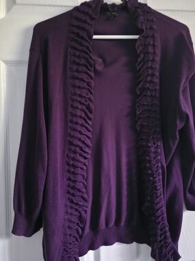 4/$67 Deal! Danier Vintage Deep Plum Ruffled Open-Front Cardigan
